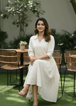 Cream Hakoba A-line With Collar Puff Sleeves Frock
