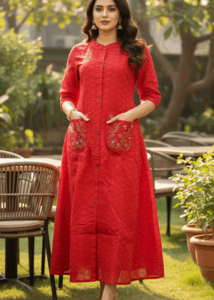 Red Hakoba A-line With Pockets Frock
