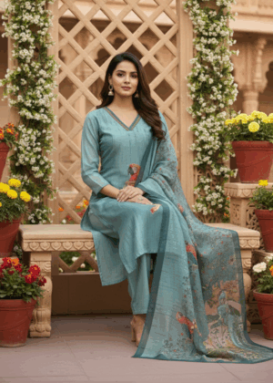 Green Mal Chanderi Hand-Embroidered Salwar Suit