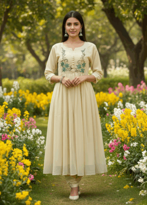 Cream Georgette Yoke Hand-Embroidered Pleated A-line Kurthi