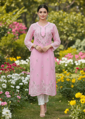 Parrot Green Georgette Chikankari Mirrorwork Side-Slit Kurthi