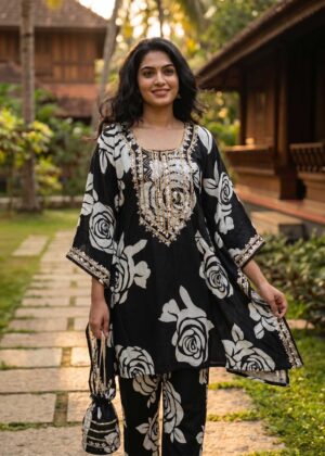 Monochrome Mirage Crepe Kaftan Ensemble