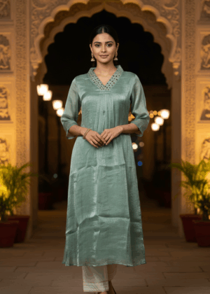 Pastel Green Hand-Embroidered A-line Kurthi