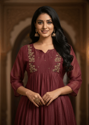 Reddish Peach Hand-Embroidered Pleated A-line Kurthi