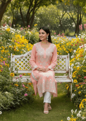 Baby Pink Georgette Chikankari Mirrorwork Side-Slit Kurthi