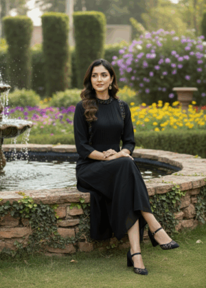 Jet Black Georgette Hand-Embroidered A-line Kurthi