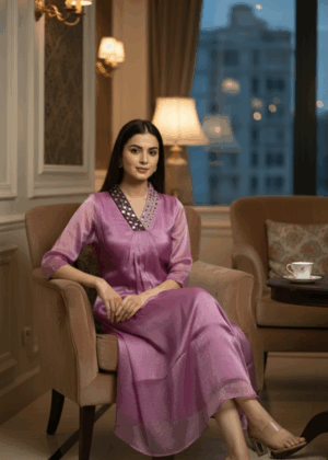 Onion Pink Hand-Embroidered A-line Kurthi