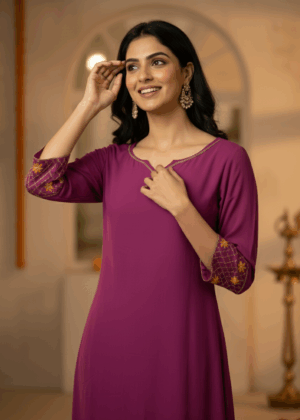 Pink Georgette Hand-Embroidered A-line Kurthi