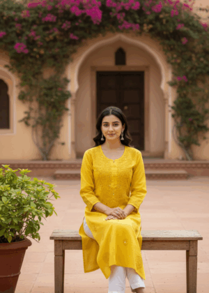 Yellow Cotton Chikankari Kurthi