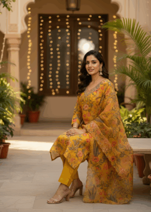 Yellow Mal Chanderi Side-Slit With Pockets Scalloped Dupatta Salwar Suit